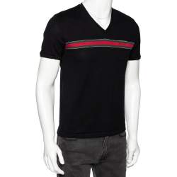 Gucci Black Cotton Knit Web Stripe Detail V-Neck t-Shirt L