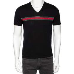 Gucci Black Cotton Knit Web Stripe Detail V-Neck t-Shirt L