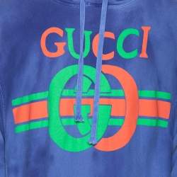 Gucci Blue Washed Out Effect Cotton Knit Interlocking GG Print Hoodie XL