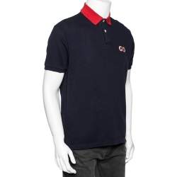 Gucci Navy Blue Cotton Pique GG Embroidered Polo T-Shirt XL