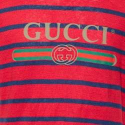 Gucci Red & Blue Striped Linen Knit Logo Printed Oversized T-Shirt XS