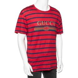 Gucci Red & Blue Striped Linen Knit Logo Printed Oversized T-Shirt XS