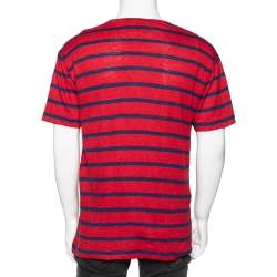 Gucci Red & Blue Striped Linen Knit Logo Printed Oversized T-Shirt XS