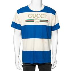 Gucci White & Blue Striped Logo Printed Cotton T Shirt S