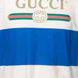 Gucci White & Blue Striped Logo Printed Cotton T Shirt S