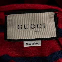 Gucci Red & Blue Striped Linen Knit Logo Printed Oversized T Shirt XS