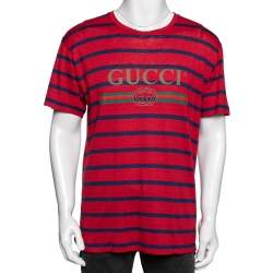 Gucci Red & Blue Striped Linen Knit Logo Printed Oversized T Shirt XS