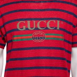 Gucci Red & Blue Striped Linen Knit Logo Printed Oversized T Shirt XS