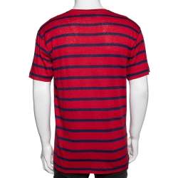 Gucci Red & Blue Striped Linen Knit Logo Printed Oversized T Shirt XS