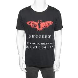 Pre Owned Gucci Black Cotton Bat Invite Printed Short Sleeve T-Shirt S