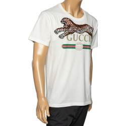Pre Owned Gucci White Cotton Logo Printed and Tiger Embroidered T-Shirt S