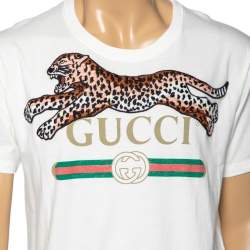 Pre Owned Gucci White Cotton Logo Printed and Tiger Embroidered T-Shirt S