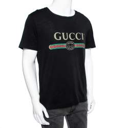 Pre Owned Gucci Black Cotton Logo Printed Crewneck T-Shirt S