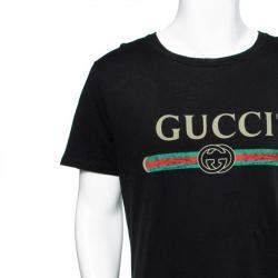 Pre Owned Gucci Black Cotton Logo Printed Crewneck T-Shirt S