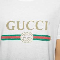 Pre Owned تي شيرت غوتشي قطن أبيض طباعة شعار الماركة برقبة عريضة مقاس صغير ( سمول )