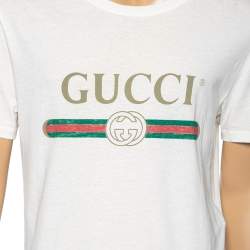 Pre Owned Gucci Cream Cotton Logo Printed Crew Neck T-Shirt S
