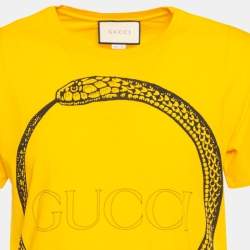 Pre Owned Gucci Yellow Snake Logo Printed Cotton Short Sleeve T-Shirt S