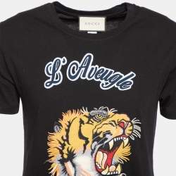 Gucci Black L’Aveugle Par Amour Tiger Embroidered Cotton T-Shirt S