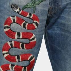 Pre Owned Gucci Indigo Light Wash Denim Kingsnake Embroidered Jeans M