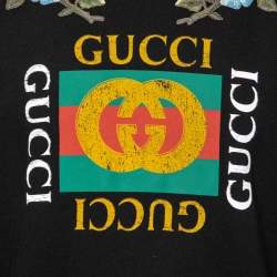 Gucci Black Terry Knit Floral Patch Distressed Sweatshirt S