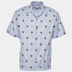 Pre Owned Gucci Pale Blue Cotton Tiger Embroidered Bowling Shirt XL