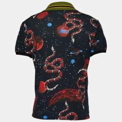Gucci Navy Blue Space and Snake Printed Cotton Polo T-Shirt XL