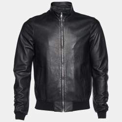 Gucci Black Leather Rib Knit Trimmed Zip Front Jacket S