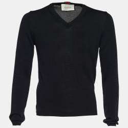 Gucci Black Rib Knit Cotton Web Trim V-Neck Pullover M