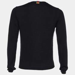 Gucci Black Rib Knit Cotton Web Trim V-Neck Pullover M