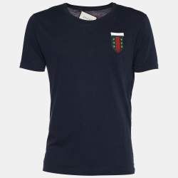 Pre Owned Gucci Dark Blue Cotton Crest Logo Detail T -Shirt M