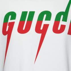 Pre Owned Gucci Off White Cotton Blade Logo Printed Short Sleeve T-Shirt L