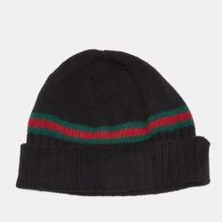 Gucci Black Rib Knit Wool Web Stripe Beanie L