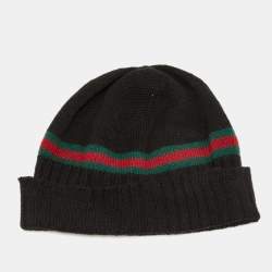 Gucci Black Rib Knit Wool Web Stripe Beanie L