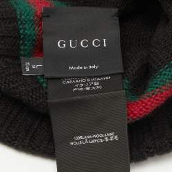 Gucci Black Rib Knit Wool Web Stripe Beanie L