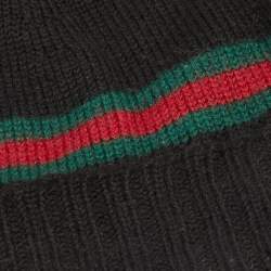 Gucci Black Rib Knit Wool Web Stripe Beanie L