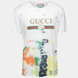 Gucci White Logo Print Cotton Tie Dye T-Shirt L