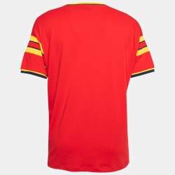 Pre Owned Gucci Red Cotton Bee Logo Printed V-Neck T-Shirt XL