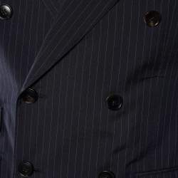 Pre Owned Gucci Navy Blue Striped Cotton & Silk Double Breasted Blazer M