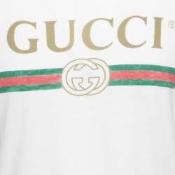 Gucci White Distressed Cotton Logo Printed Crewneck T-Shirt XS