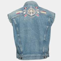 Pre Owned Gucci Blue Denim Embroidered Sleeveless Oversized Jacket S