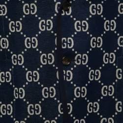 Pre Owned Gucci Dark Blue & Beige GG Jacquard Cotton Knit Blazer L