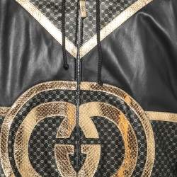 Gucci Dapper Dan Black & Gold Leather Logoed Hooded Jacket M