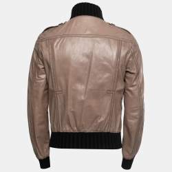 Gucci Brown Leather Rib Knit Trim Madonna Bomber Jacket M