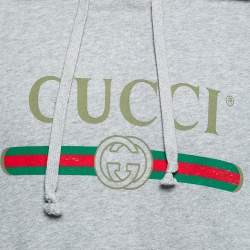 Gucci Grey Cotton Logo Print Embroidered Hoodie M