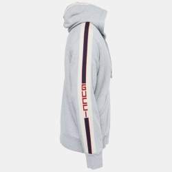 Pre Owned Gucci Grey Cotton Jersey Logo Web Trimming Zip-Up Hoodie L
