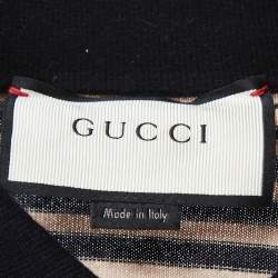 Gucci Navy Blue & Beige Striped Knit Long Sleeve Polo T-Shirt L