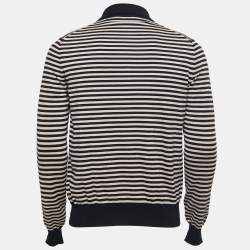 Gucci Navy Blue & Beige Striped Knit Long Sleeve Polo T-Shirt L