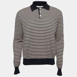 Gucci Navy Blue & Beige Striped Knit Long Sleeve Polo T-Shirt L