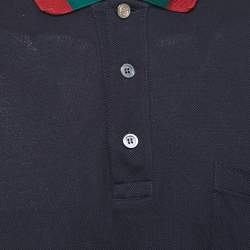 Pre Owned Gucci Navy Blue Cotton Pique Web Collar Polo T-Shirt XXXL