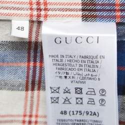 Pre Owned Gucci Blue Checked Cotton & Linen Logo Band Detail Short-Sleeve Shirt M